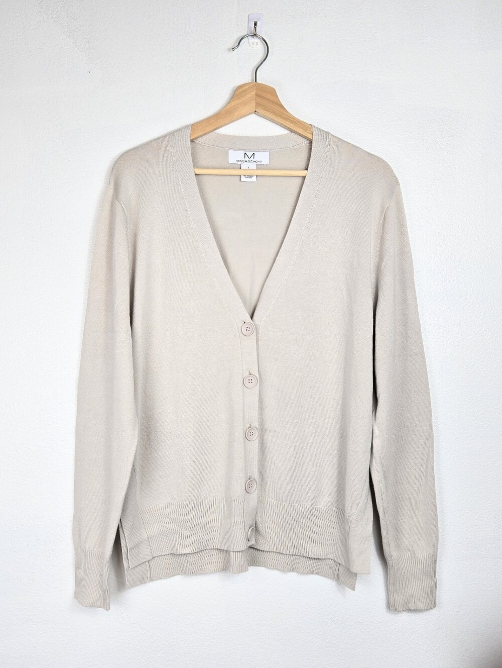 Magaschoni Beige Cream Knit Cardigan Sweater V-Neck Button Down Size Large